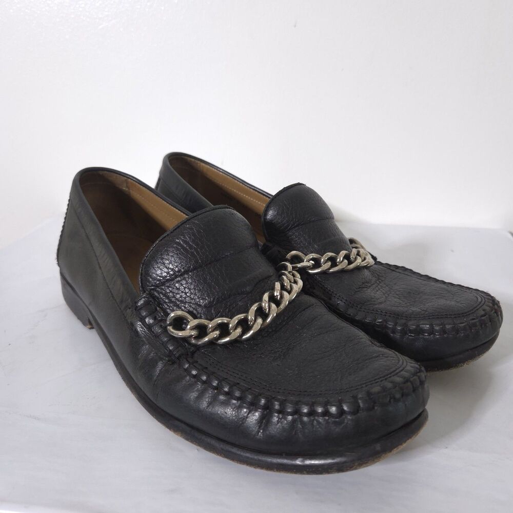 Brass Boot Walking Chain Link Black Leather Loafer Mens Shoes Size 10M